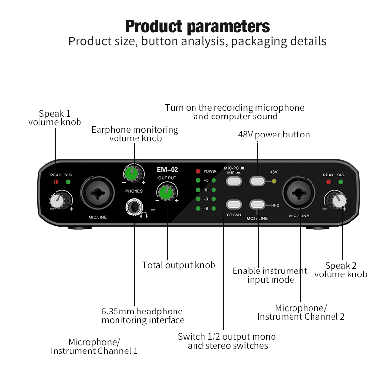 Audio Music Interface - Interfejs audio z mikrofonem, przedwzmacniacz 48V,